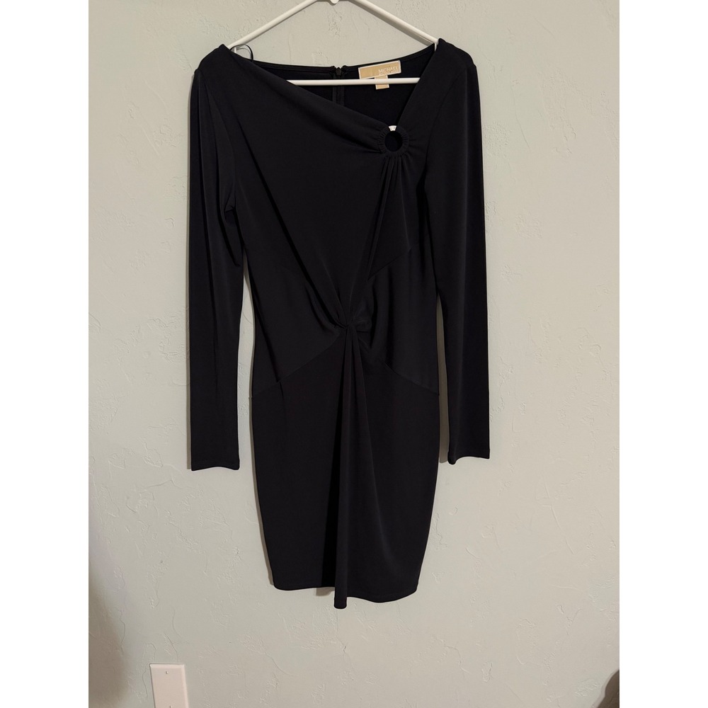 Michael Michael‎ Kors Black Twist Front Ring Detail Long Sleeve Sheath Dress S